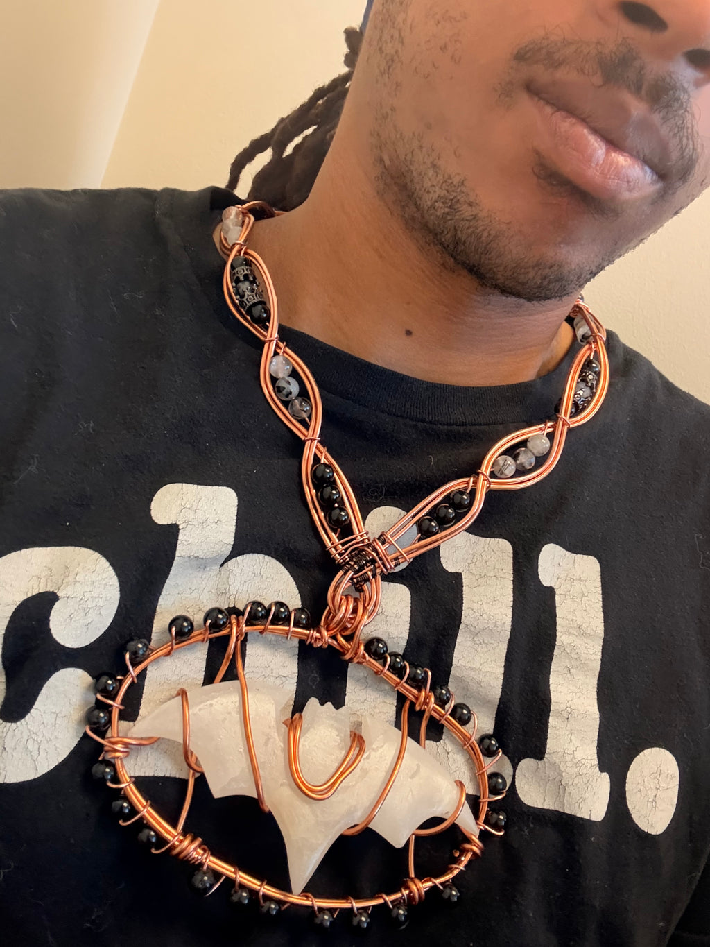 Copper Batman Necklace/Chest Plate~ Mangano Calcite~Black Tourmaline~Mangano Calcite