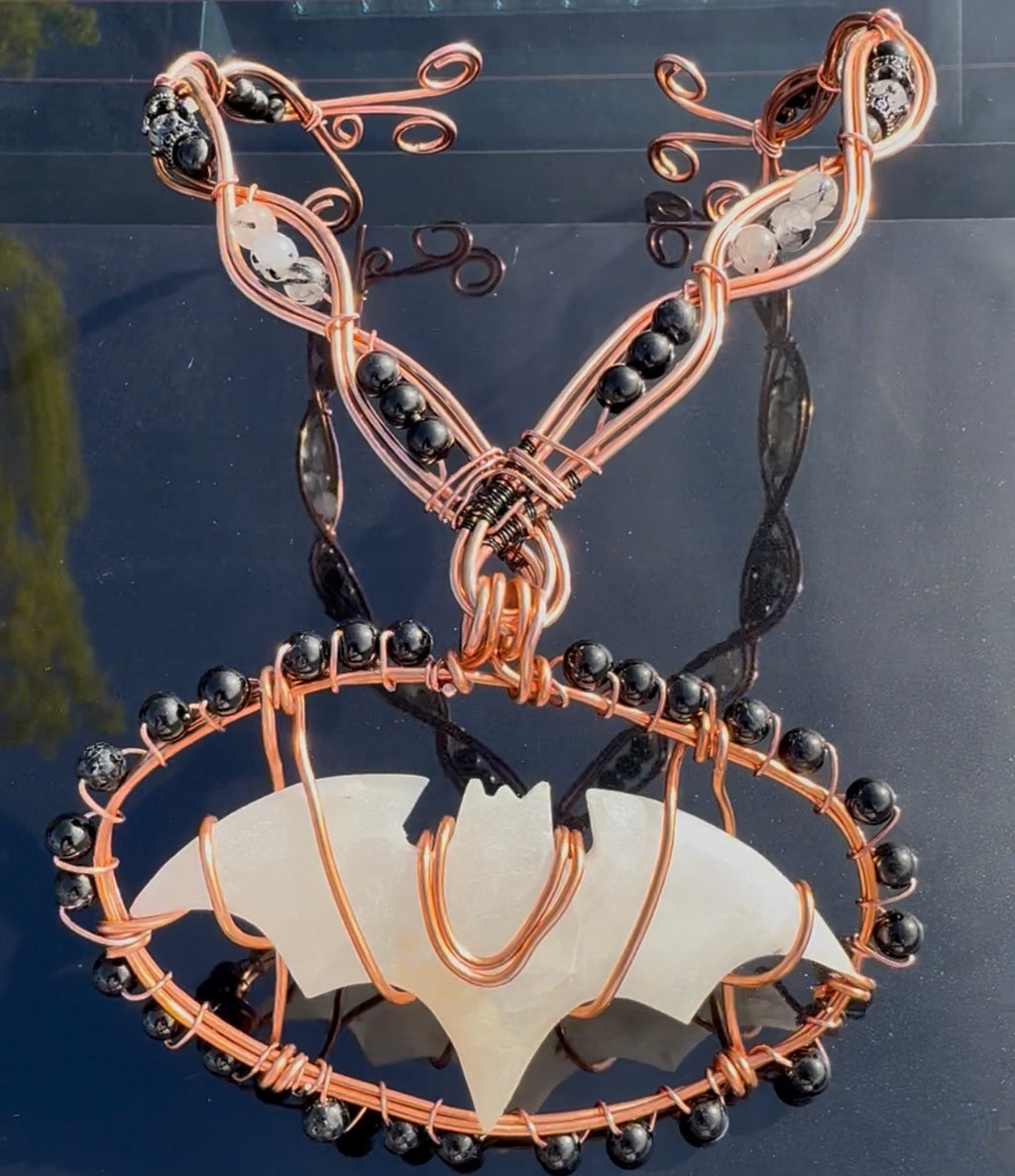 Copper Batman Necklace/Chest Plate~ Mangano Calcite~Black Tourmaline~Mangano Calcite